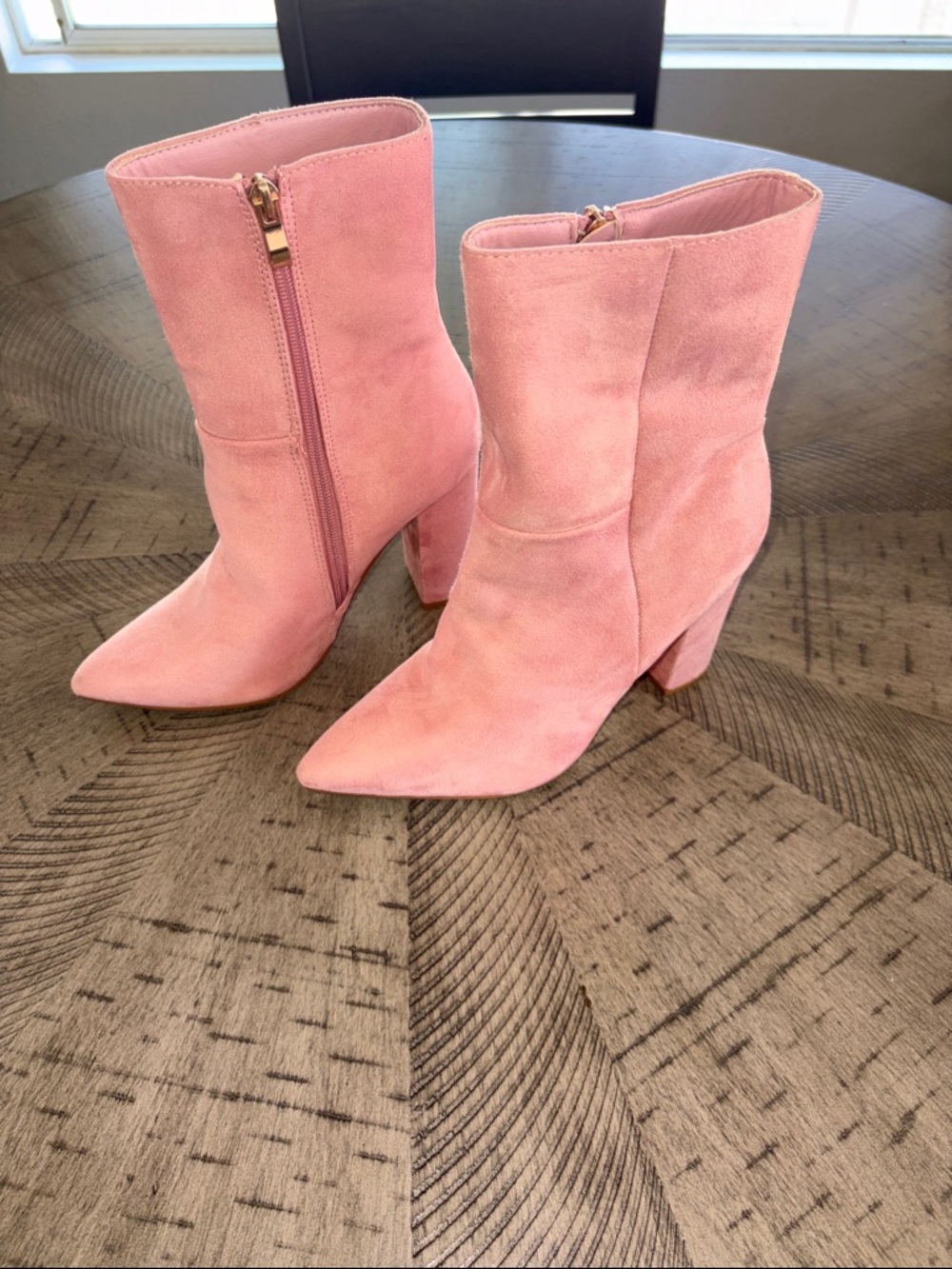 Lulu's Pink Suede Pointed Toe Block Heel Ankle Boots